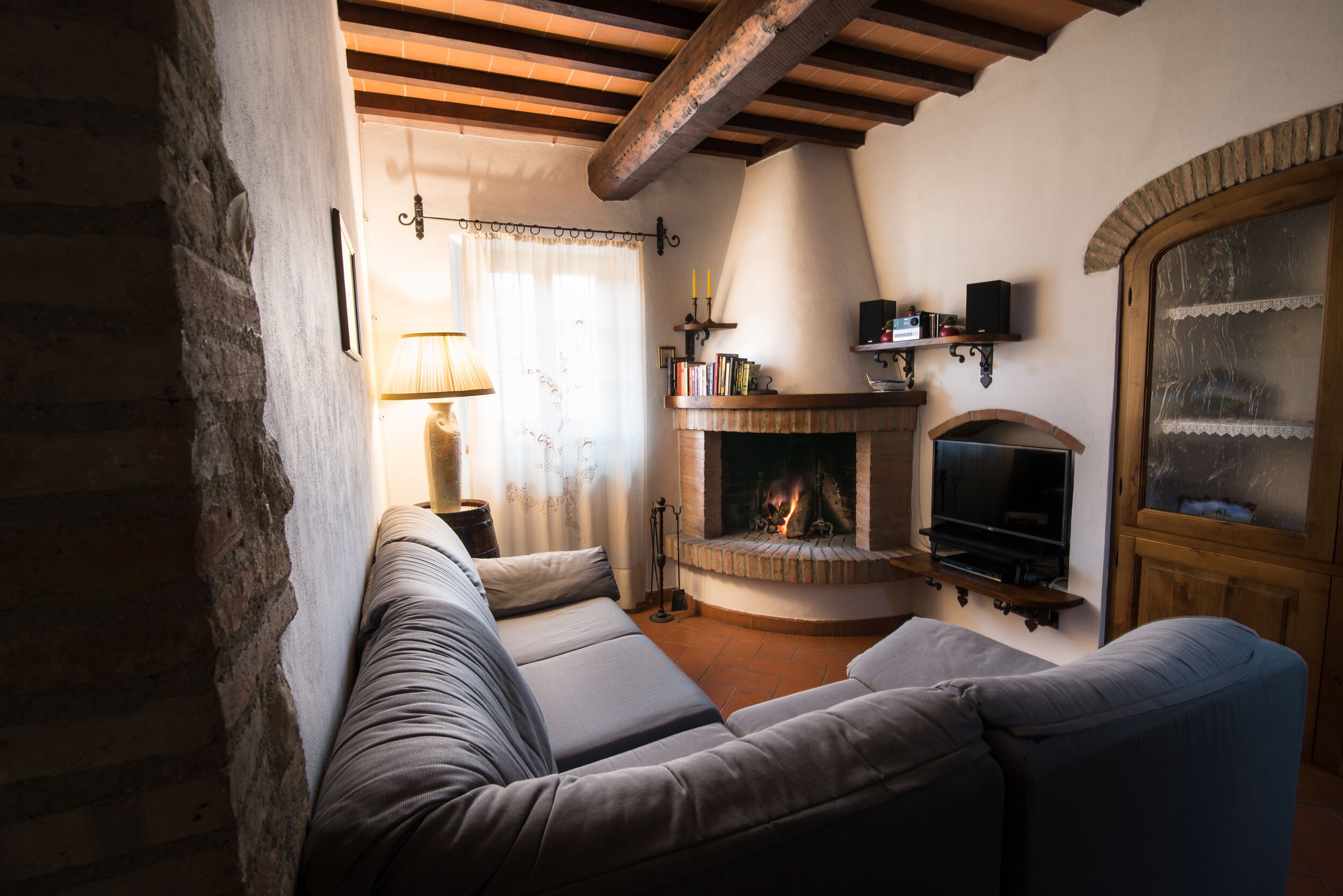 Smart TV, chimenea, reproductor de DVD y libros 