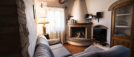 Smart TV, fireplace, DVD player, books