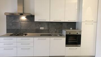 Een koelkast, een oven, een kookplaat, een vaatwasser