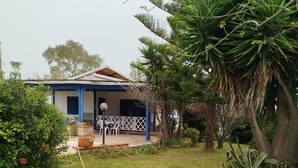 Una casa con porche cubierto, césped y jardín con diversas plantas.