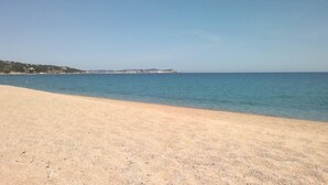Ein Strand mit freiem Blick auf das Meer und einer fernen Küste mit Gebäuden.