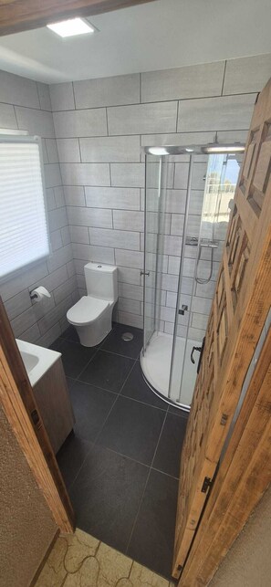 Combined shower/tub, hair dryer, towels