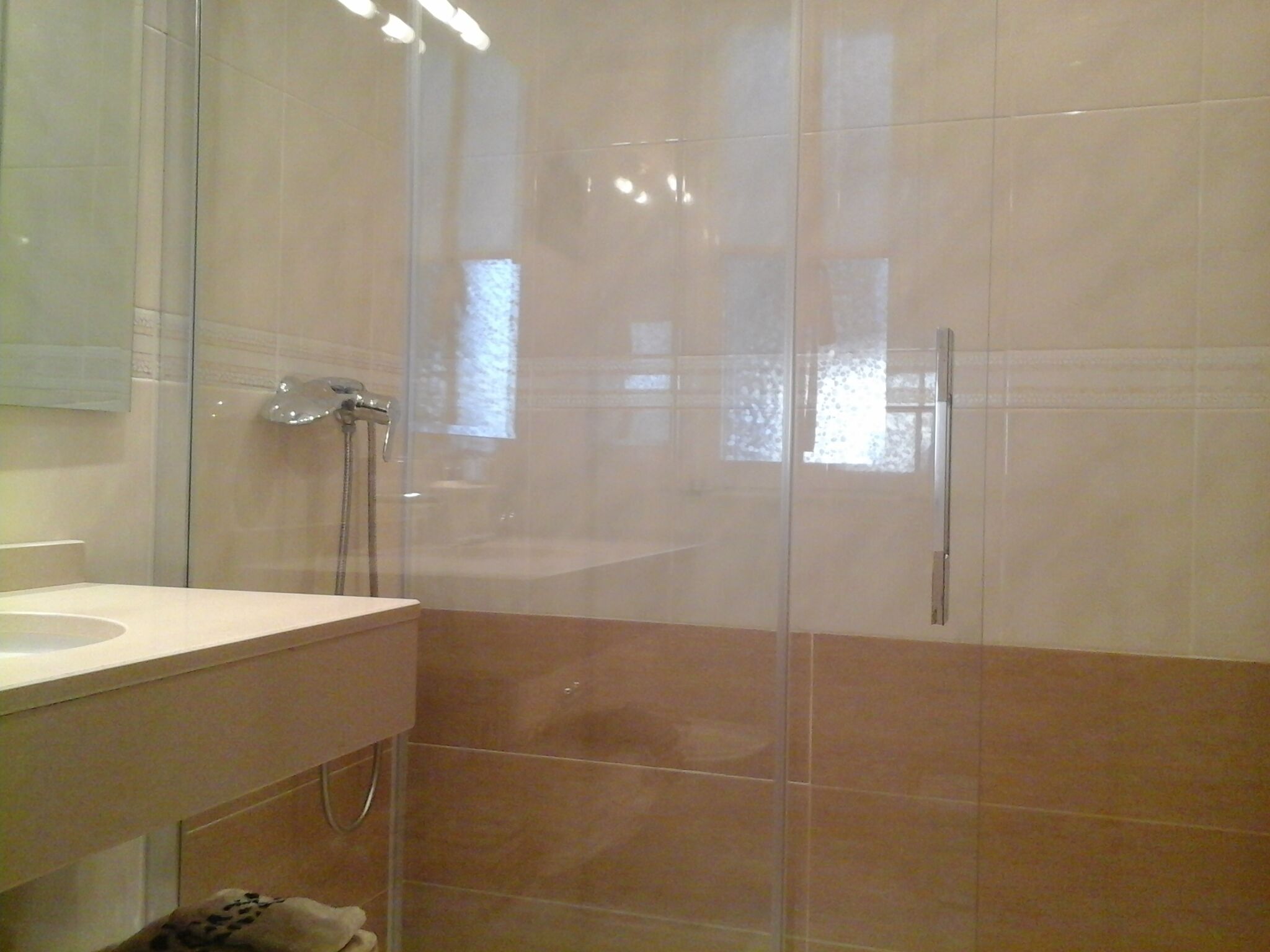 A bathroom with a glass shower enclosure, a sink, and a mirror.