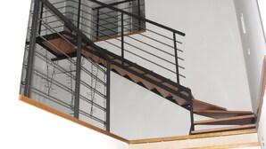 Una moderna scala con corrimano in metallo e gradini in legno.