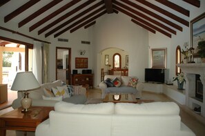 Smart TV, lareira, DVD player, livros