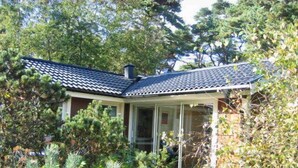 Een klein huis met pannendak, omgeven door weelderige begroeiing.