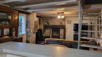 TV connectée, cheminée, livres, chaßne hi-fi