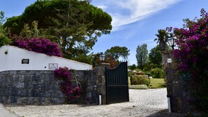 Une porte en pierre surmontée d’un portail en métal noir, un mur blanc avec une enseigne et des fleurs violettes.