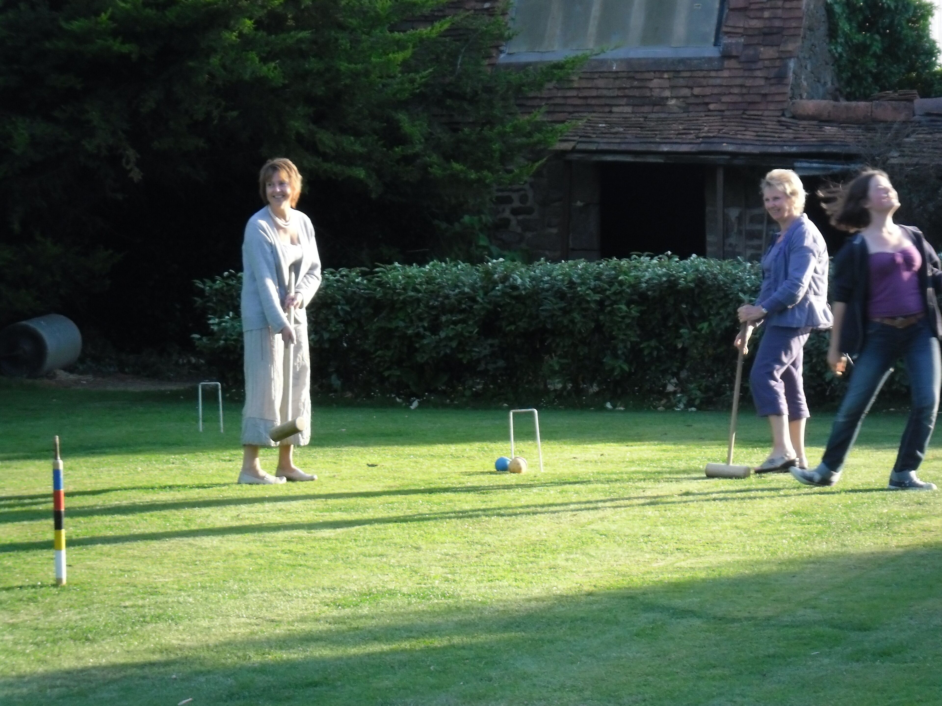 Un espace herbeux où est installé un jeu de croquet, avec une balle et des poteaux.