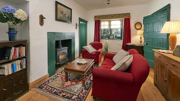 TV, fireplace, DVD player, books