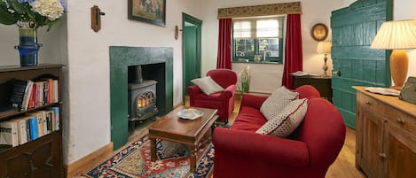 Fernseher, Kamin, DVD-Player, Bücher