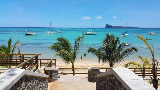 Una playa con una escalera que baja a la orilla, rodeada de palmeras y agua azul cristalina con barcos.