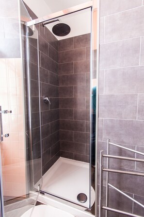 Shower, hair dryer, bidet, towels