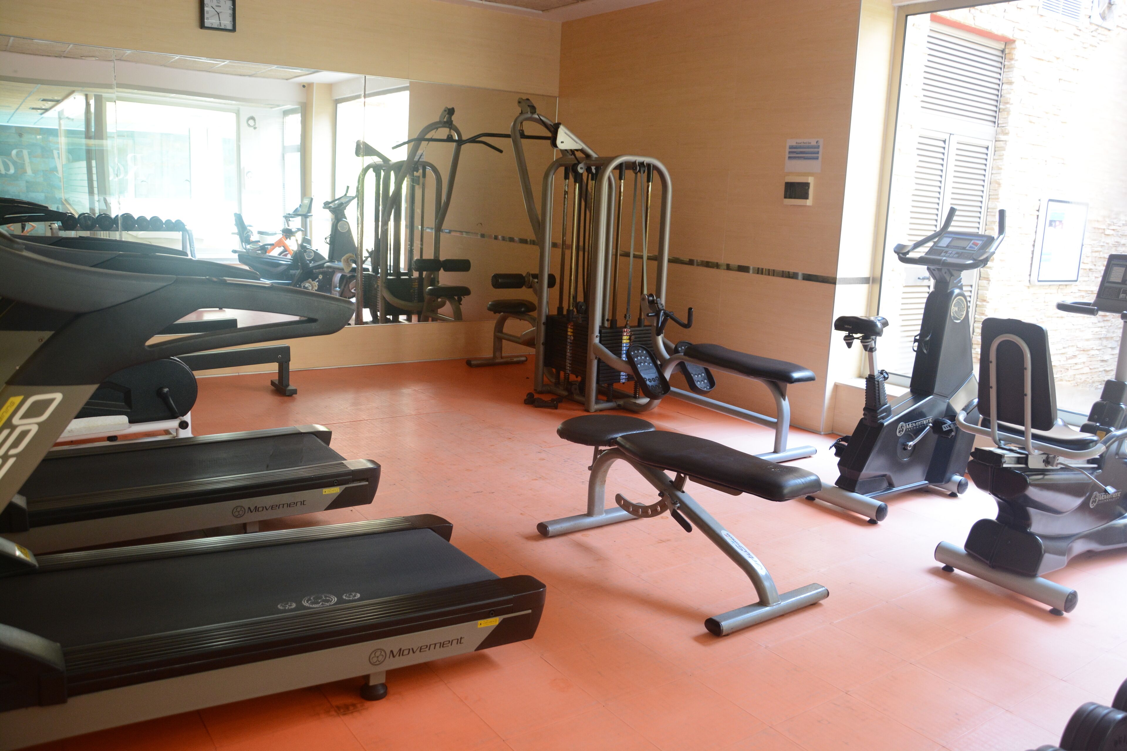 A gym with treadmills, a bench, and various exercise machines.