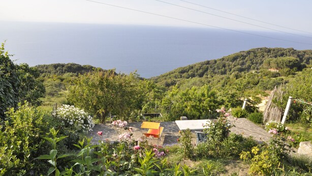 Una propiedad en una ladera con zona de patio, un edificio pequeño y vista al mar.