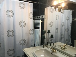 Combined shower/tub, hair dryer, towels