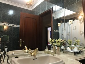 Ducha y bañera combinadas, secador de pelo y toallas