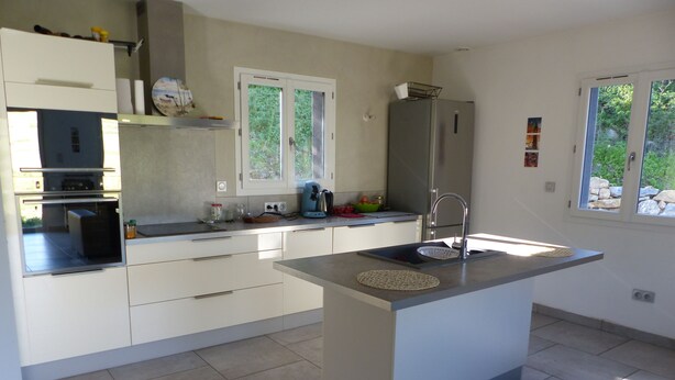 Een moderne keuken met een centraal eiland, een inbouwoven en een raam met uitzicht op groen.