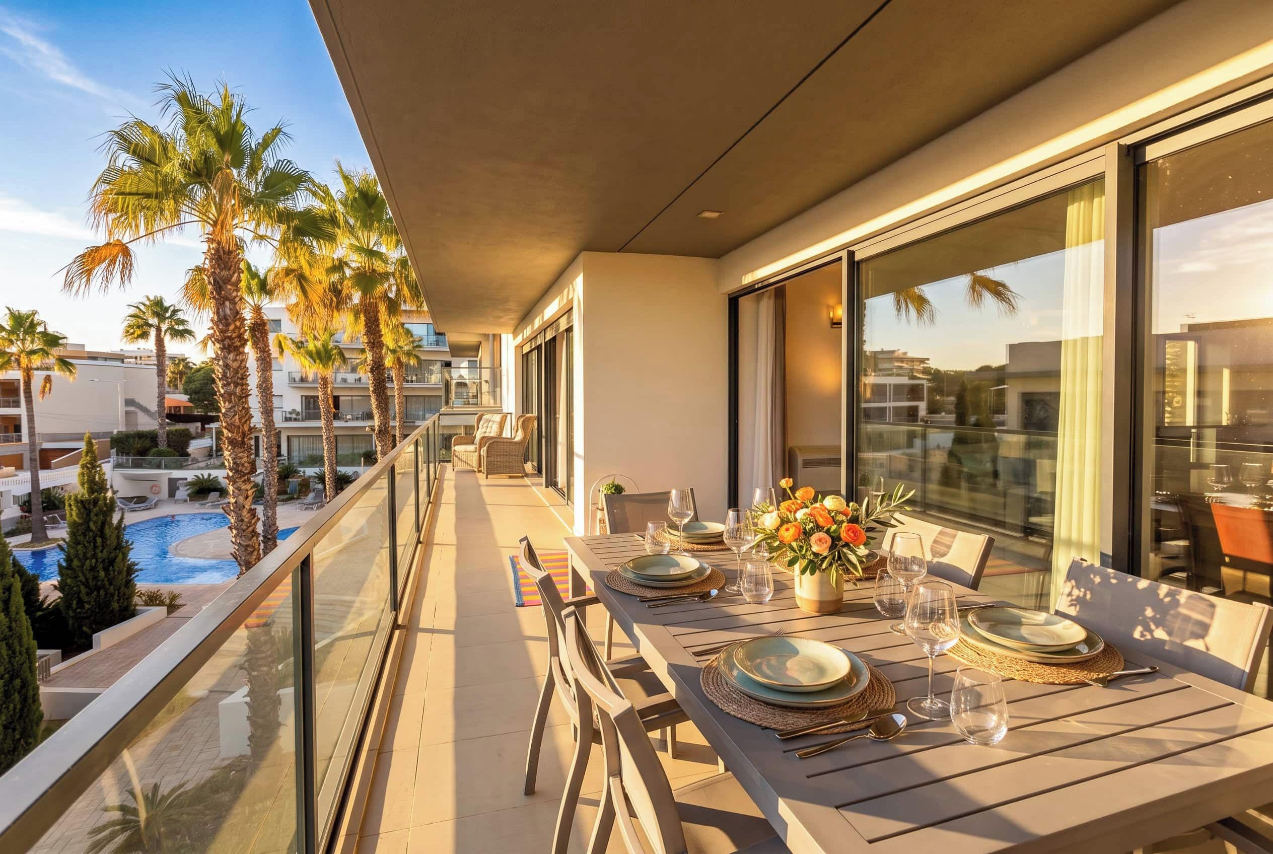 A balcony with a dining table set for two, overlooking a swimming pool and palm trees.