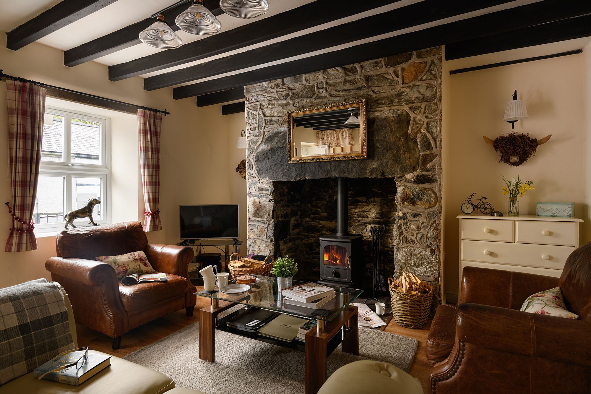 Smart-tv, een open haard, een dvd-speler en boeken