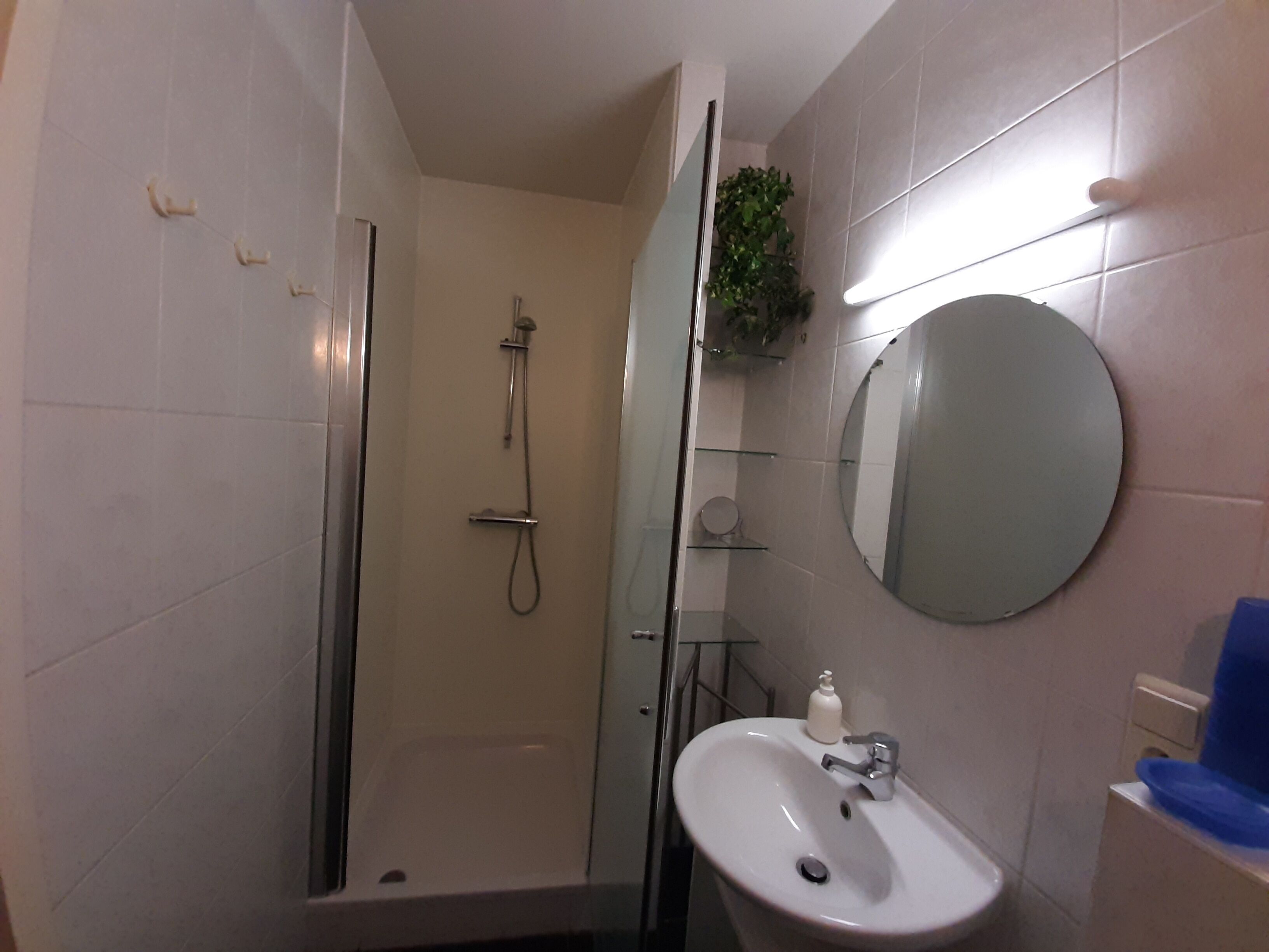 Regadera, secadora de cabello, toallas, jabón 