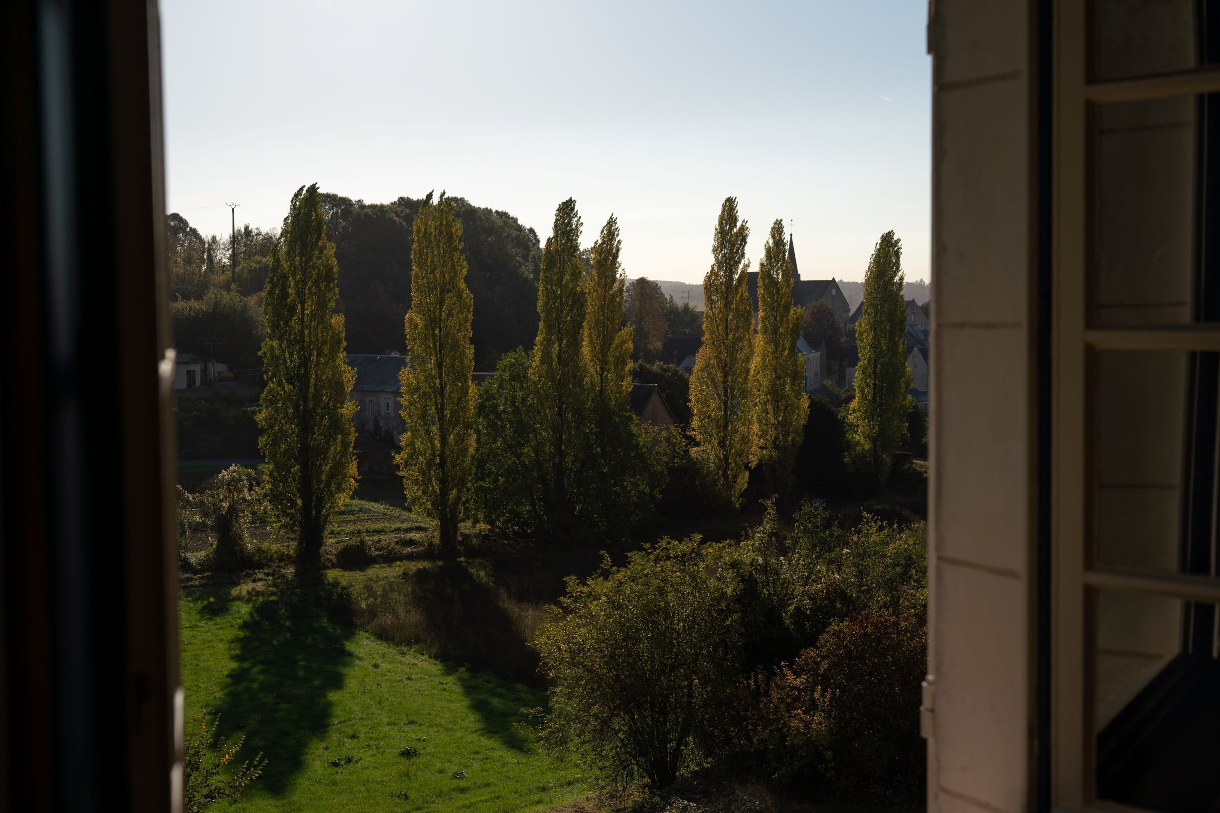 Une vue à travers une fenêtre sur un paysage verdoyant, avec des arbres et une colline au loin.