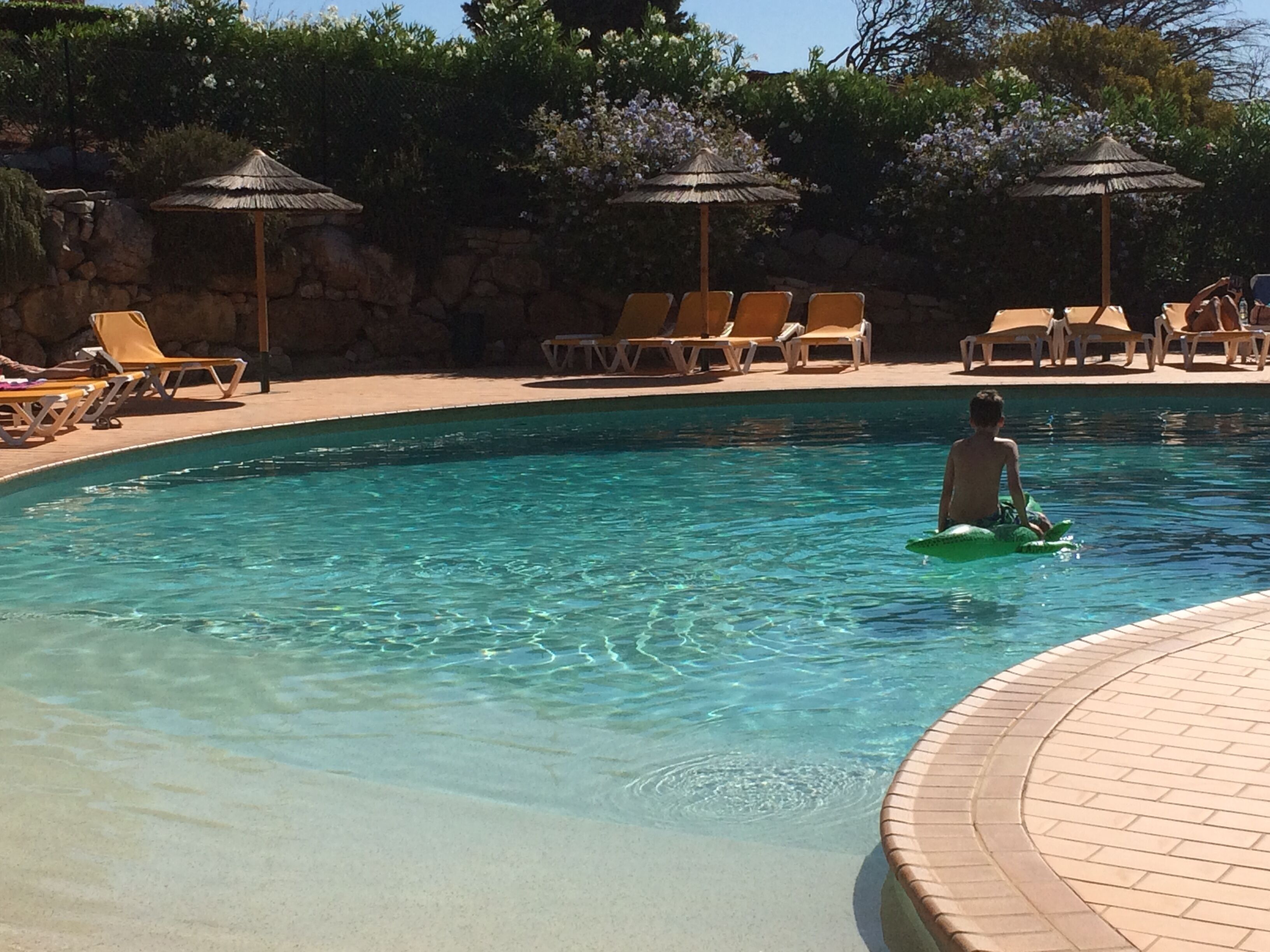 A clear pool with lounge chairs and umbrellas around the perimeter.