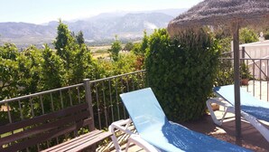 Un balcon avec vue sur les montagnes, un banc en bois et un fauteuil de jardin bleu.