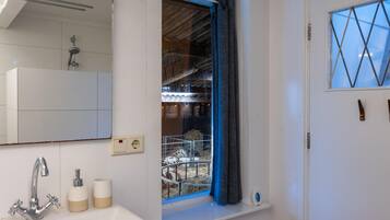 Shower, hair dryer, towels, toilet paper