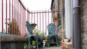 A set of stone steps leading to a porch with two green chairs and potted plants. - Comfy Home.  No longer available on this site. No bookings accepted (Hamilton)