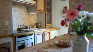 A kitchen with a tiled backsplash, wooden cabinets, a sink, and a countertop with a vase of flowers. - Apartment *** with terrace and swimming pool in secure luxury residence (Saint-Rémy-De-Provence)