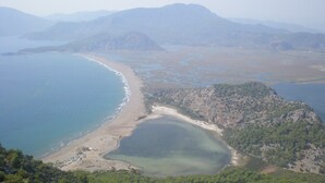 Vue aérienne d’une zone côtière avec une plage, une petite baie et des collines environnantes.