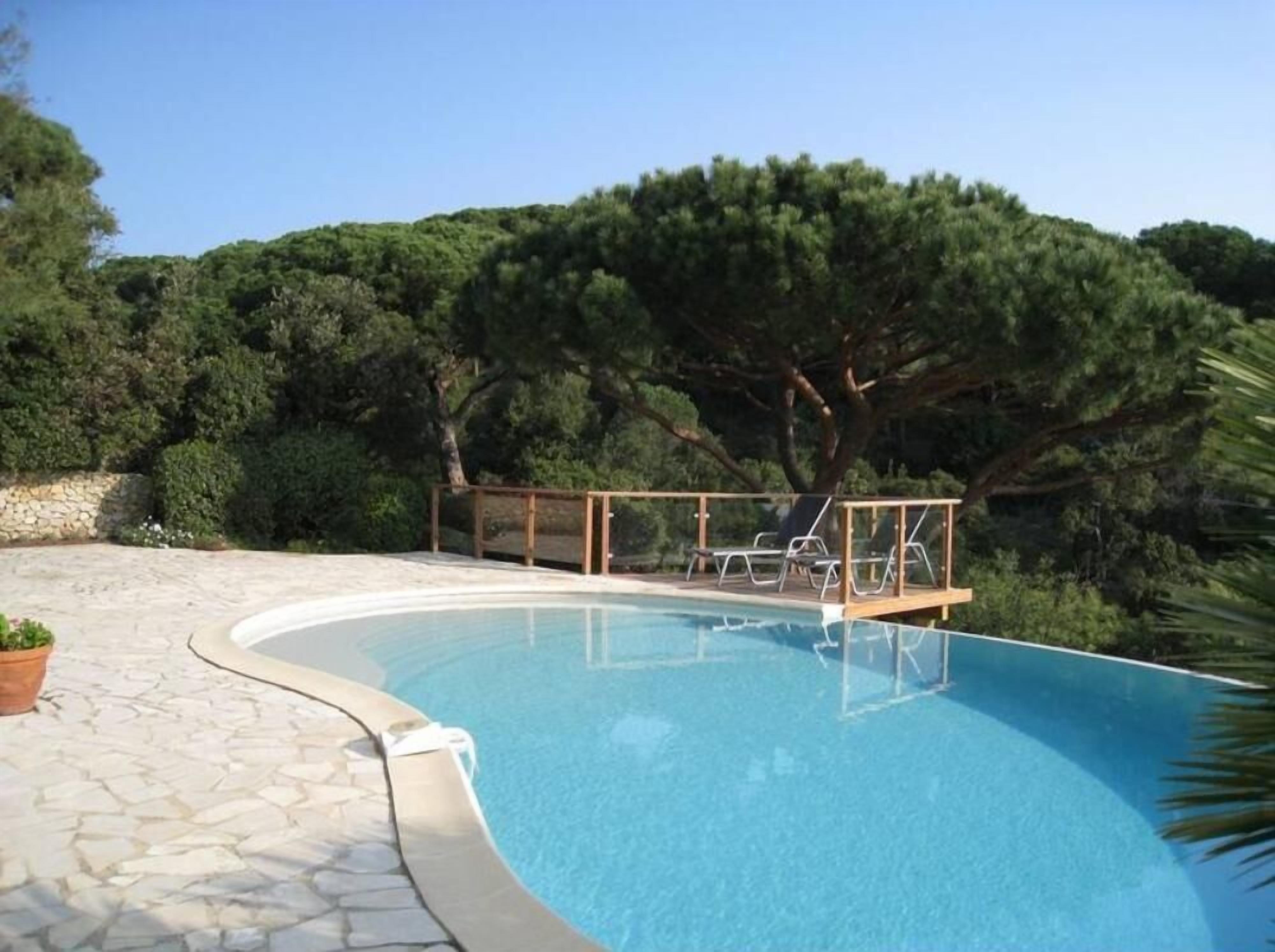 Piscina con cubierta de madera y sillas de descanso, rodeada de árboles y un sendero de piedra.