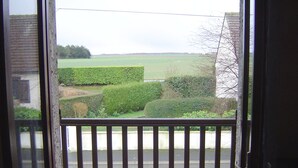 Vista desde un balcón con barandilla de metal, que da a una carretera y un paisaje verde con setos y árboles.