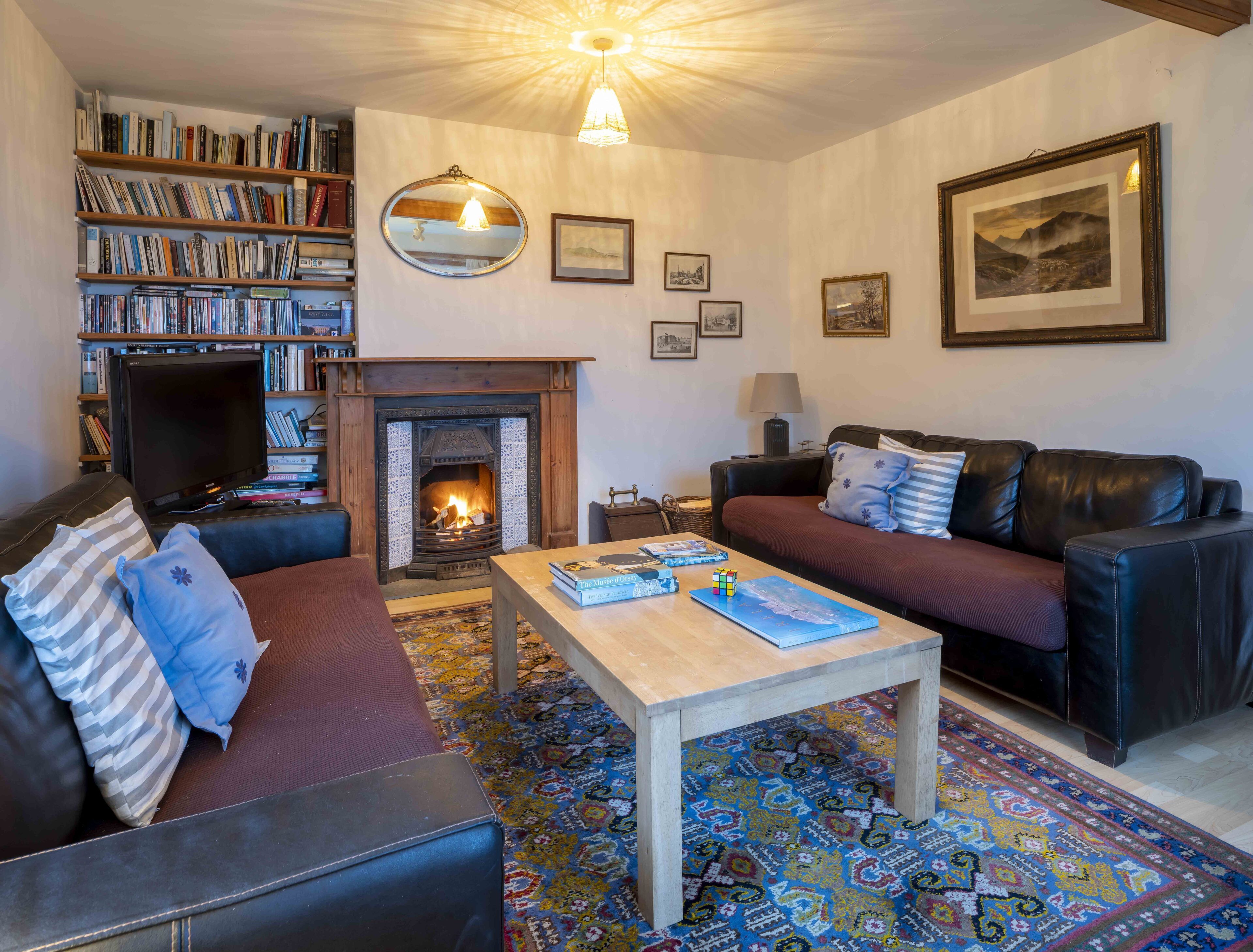 Televisión, chimenea, reproductor de DVD y libros 