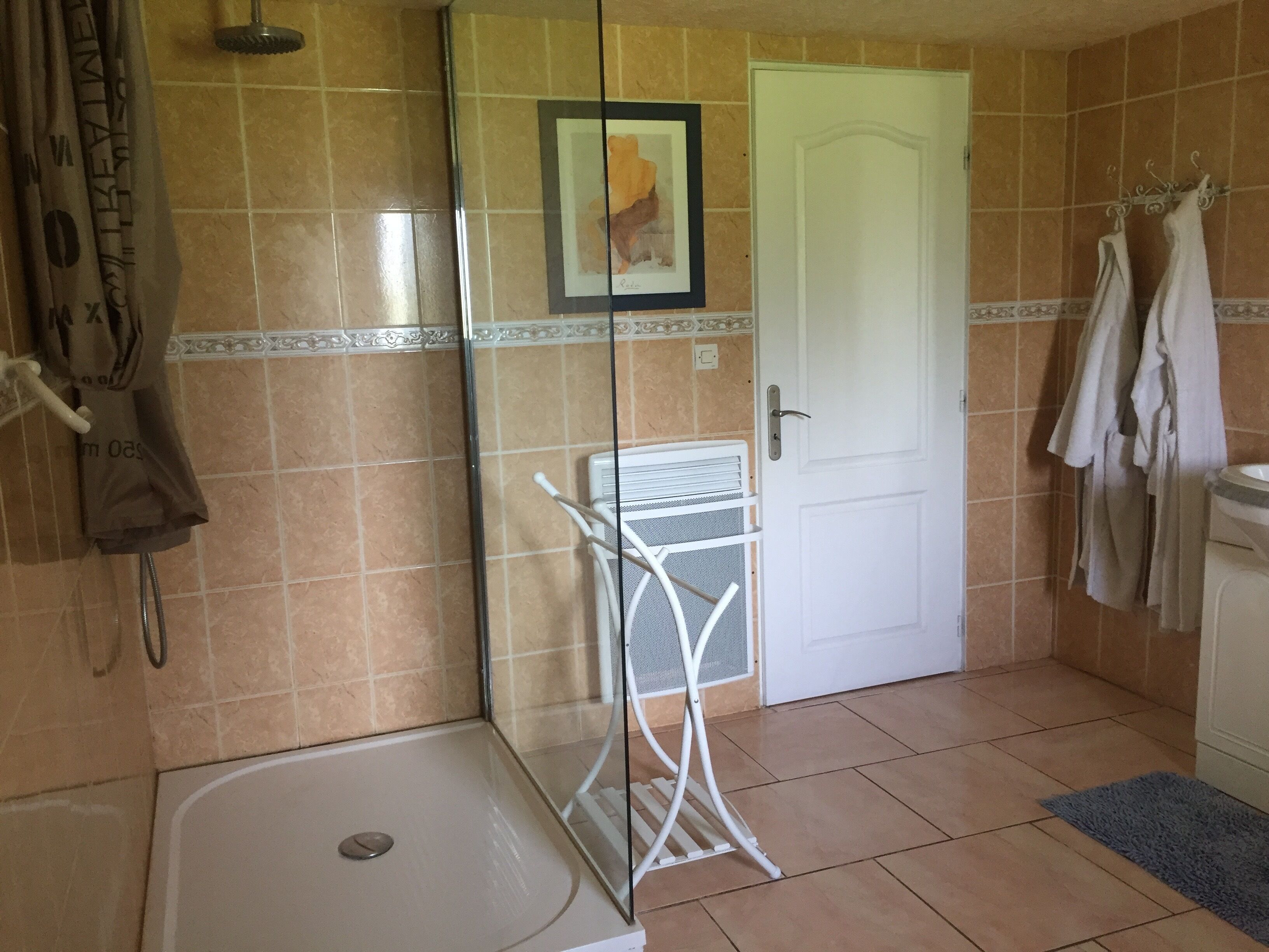 Un baño con cabina de ducha de vidrio, una puerta blanca y un perchero con toallas.
