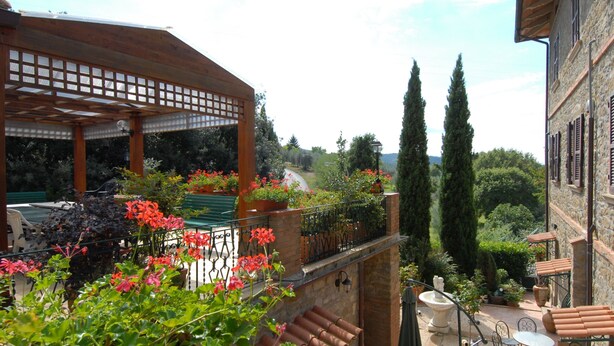 Un espace extérieur abrité, doté d’une pergola, de sièges et de plantes en pot.