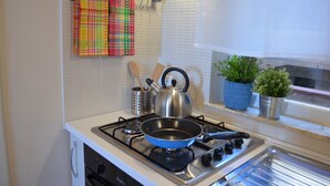 Una cocina compacta con estufa a gas, tetera, sartén y una ventana con plantas en macetas.
