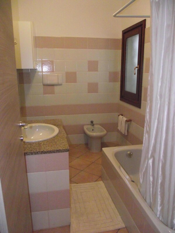 A bathroom with a sink, bidet, and bathtub.