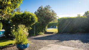 A cobblestone pathway leading to a grassy area with a blue pot of flowers.
