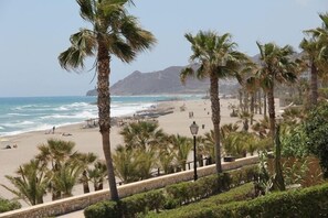 A beach with palm trees, a pier, and mountains in the background. - Beautiful 3 Bedroom Detached Villa with Private Pool, Wifi,  TV, BBQ, Full AC. (Vera Playa)