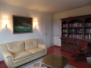 Télévision, cheminée, livres