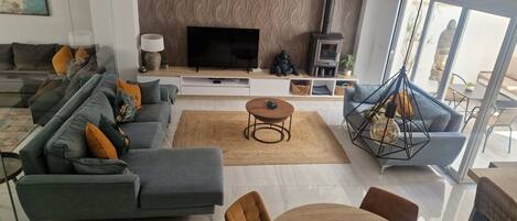 TV, fireplace, books, stereo