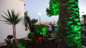 Ein angelegter Garten mit Palmen und einer Felsformation, umgeben von einem weißen Gebäude mit einem grünen Dach.