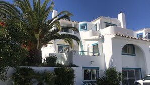 A white building with blue trim and a satellite dish, surrounded by palm trees and shrubs.