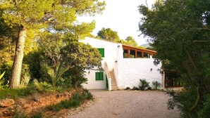 Edifici blanc amb persianes verdes, envoltat d'una vegetació exuberància i arbres.