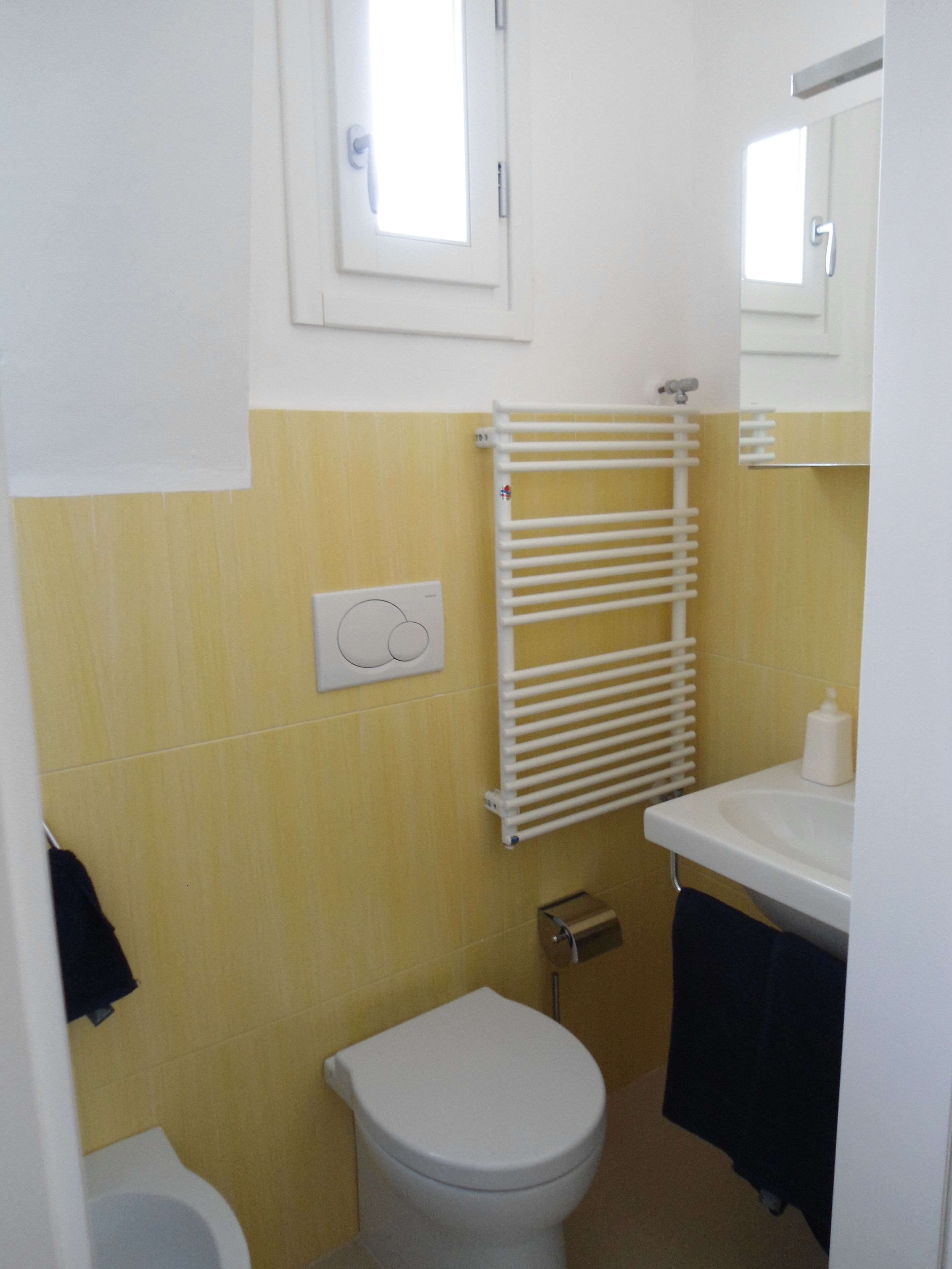 Ein kleines Badezimmer mit Toilette, einem weißen Waschbecken und einem Handtuchhalter.