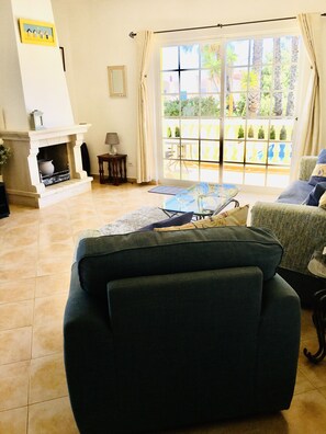 TV, fireplace, DVD player, books