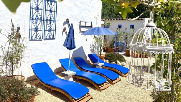A sunny outdoor area with blue lounge chairs, a white birdcage, and potted plants. - Chill out and relax in true Portuguese style  (Santa Barbara de Nexe)