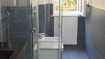 Combined shower/tub, hair dryer, bidet, towels